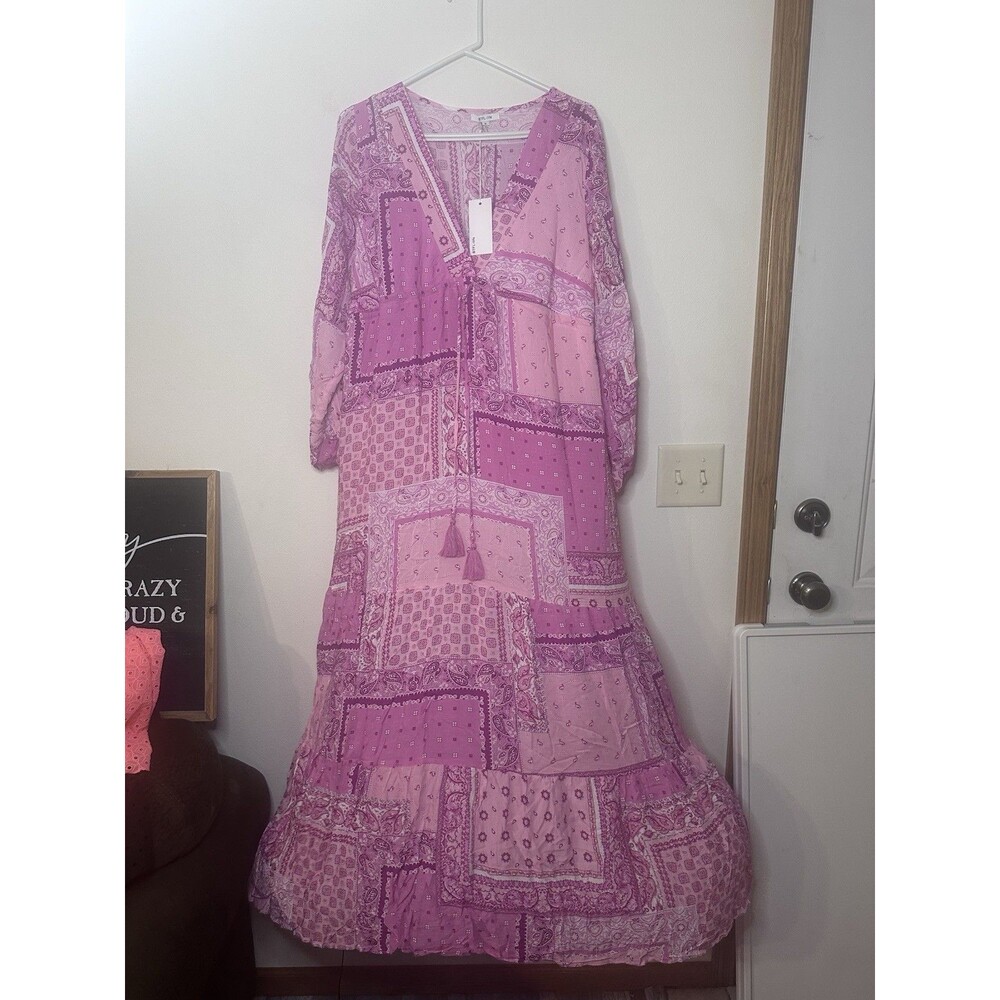 BTFL-life Women’s XL Pink Purple Paisley 3/4 Sleeve V-Neck Maxi Dress Tassel
